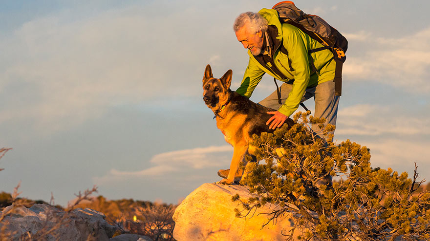 Man hiking with his dog, standing on rock