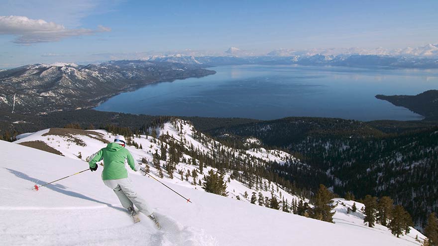Skier overlooking Lake Tahoe